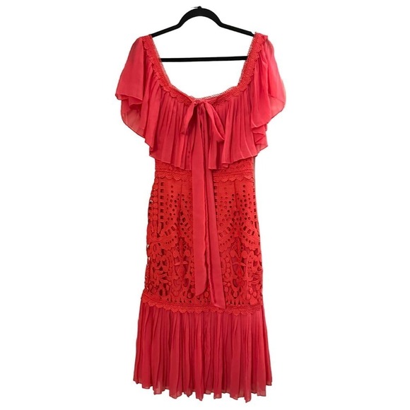 TEMPERLEY LONDON Pink Coral Berry Lace Cocktail Dress Ruffle - Sz 4 - Picture 3 of 6